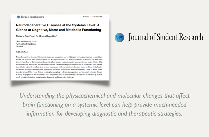 High School Student Researcher Natasha Sobti on Neurodegenerative Diseases at the Systems Level A Glance was Accepted for Publication in the Journal of Student Rese - CCIR