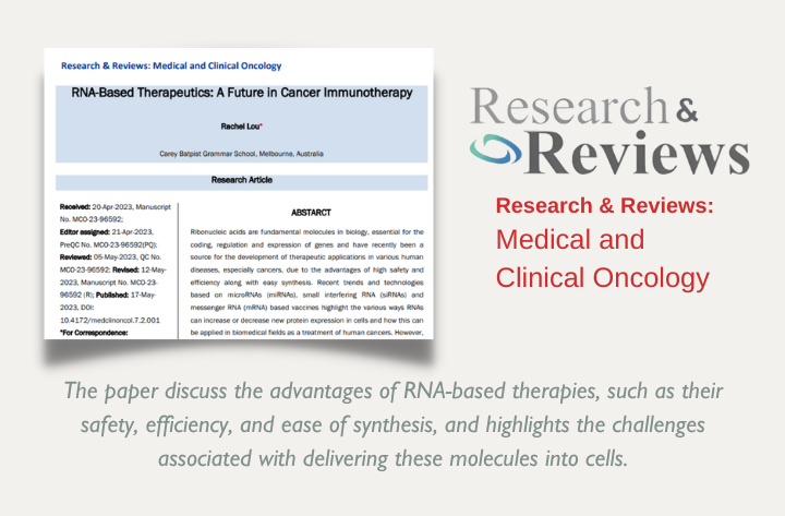 High School Student Researcher Rachels Paper On The Rna Based Therapeutics A Future In Cancer Immunotherapy Was Accepted And Published At The Research Reviews