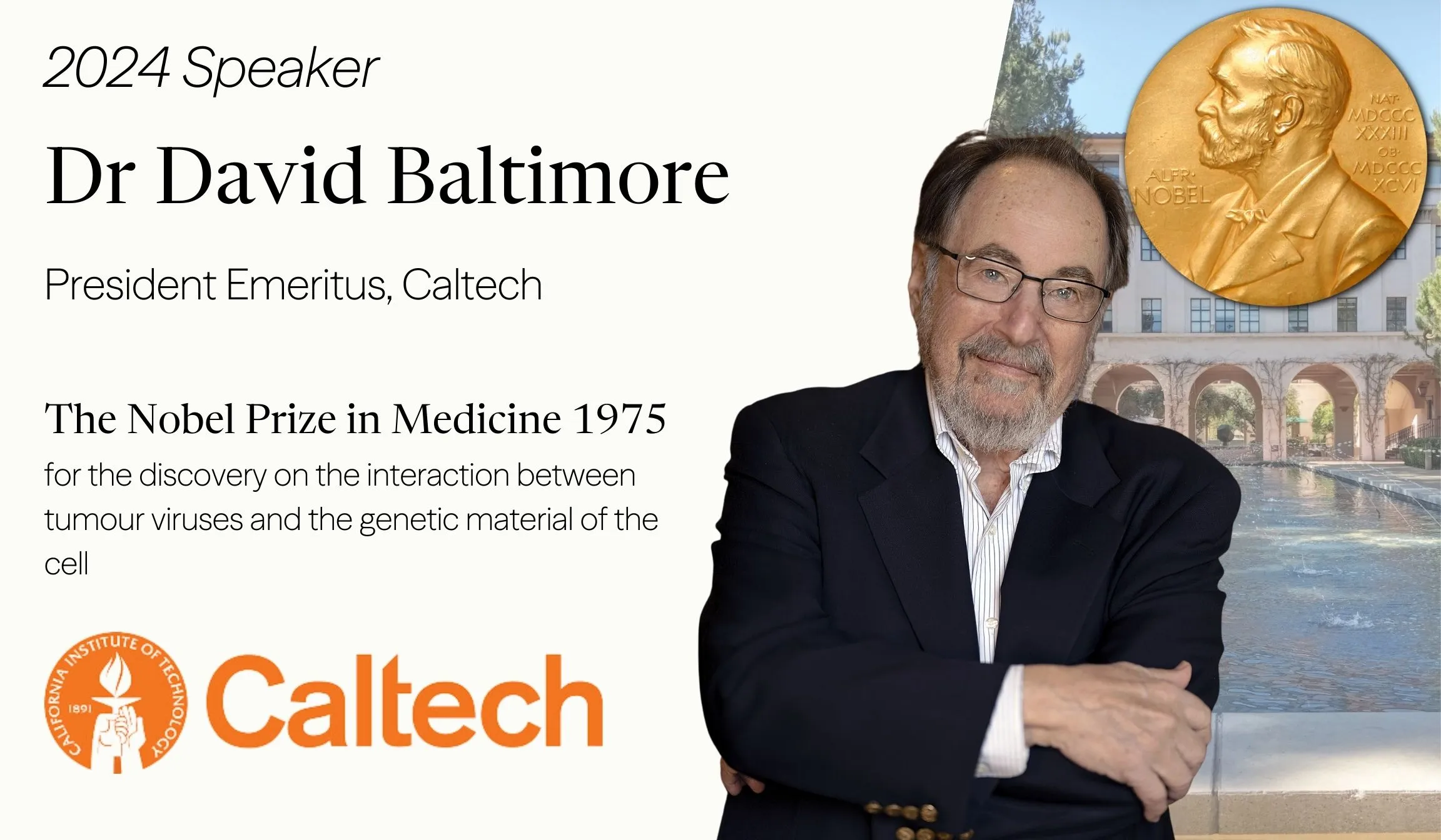 Portrait of Dr. David Baltimore, Nobel Prize-winning biologist and 2024 CCIR speaker, President Emeritus of Caltech.