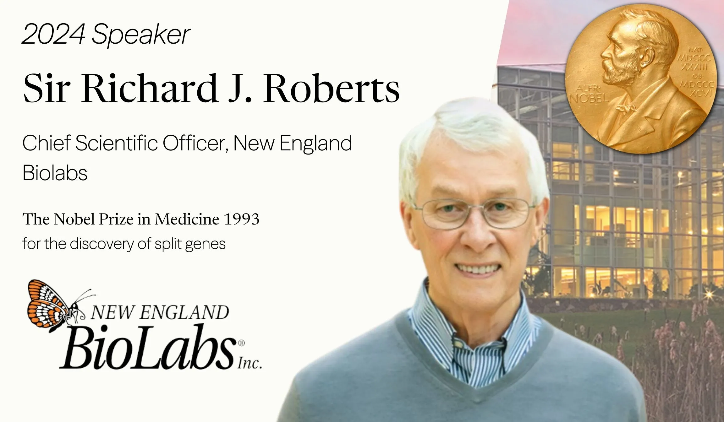 Portrait of Sir Richard J. Roberts, Nobel Prize-winning molecular biologist, Chief Scientific Officer at New England Biolabs, and featured speaker at the 2024 CCIR programme.