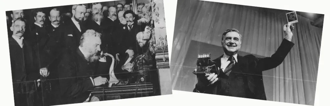 Historic photographs of Alexander Graham Bell and Polaroid founder Edwin Land, showcasing the scientific legacy of the CCIR Lab in Boston.