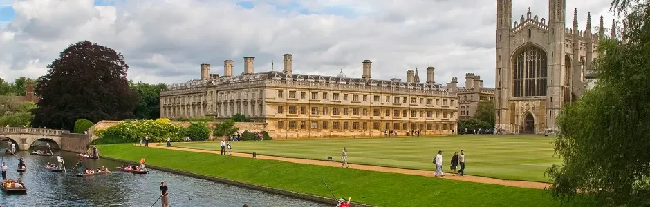 Back Lawn at King's College, University of Cambridge, overlooking the River Cam with King's College Chapel in the background.