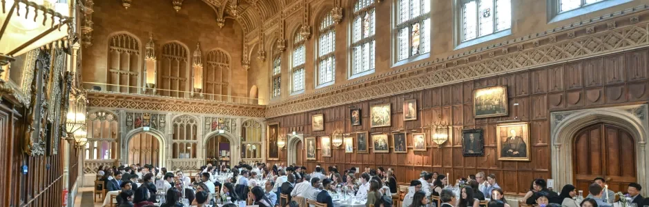 The Hall at King's College, University of Cambridge, prepared for a formal dinner and academic reception.